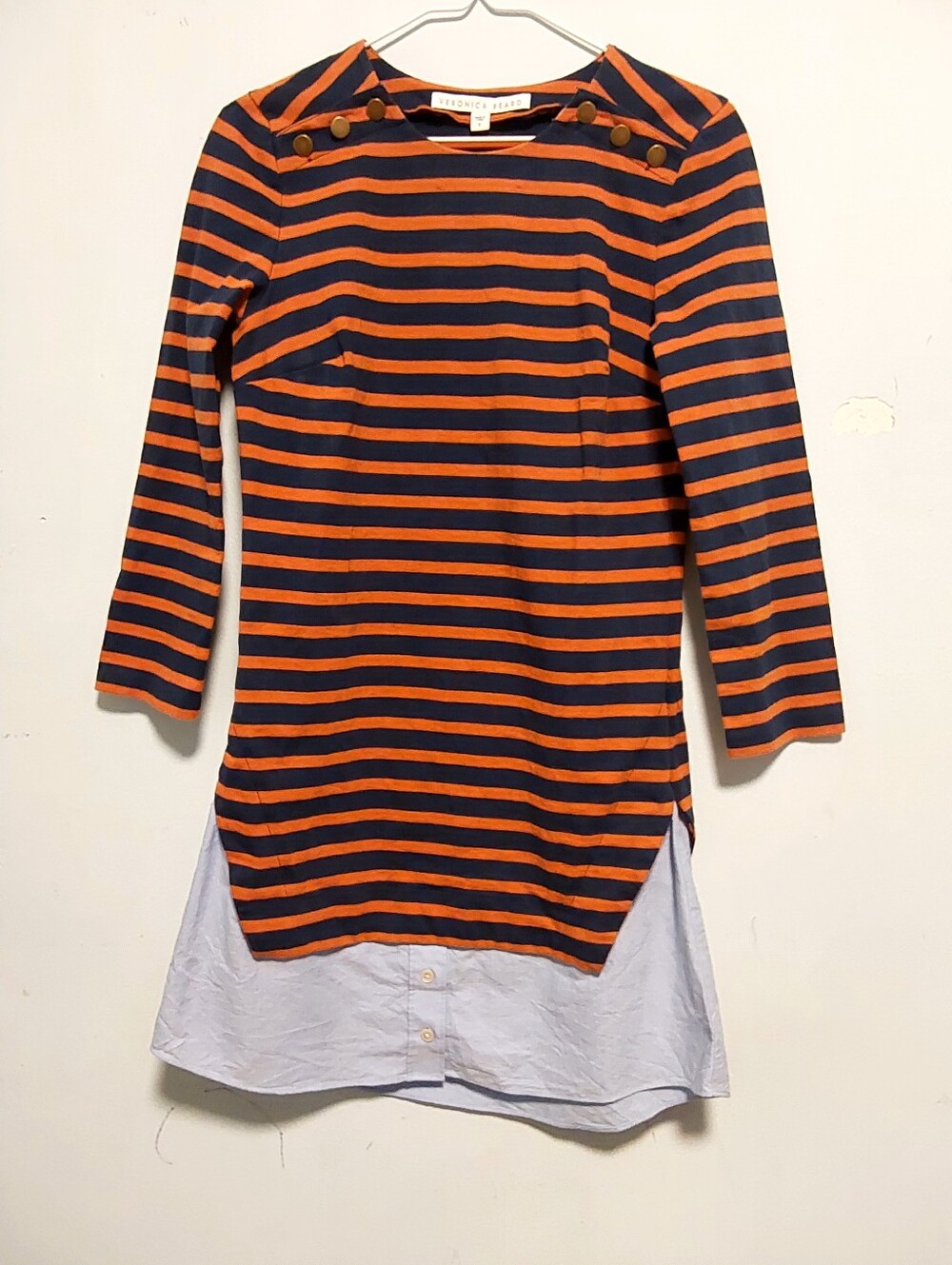 Veronica Beard Charter Layered Dress Sporty Knit Top Blue Orange Shirt Hem Small
